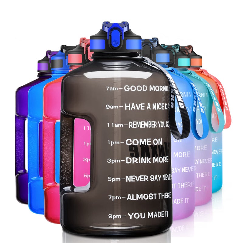 SLUXKE 1 Gallon Water Bottle with Time Marker BPA Free Motivational, 128oz Leak Proof Water Bottle Jug with Handle and Straw Black - Image 1